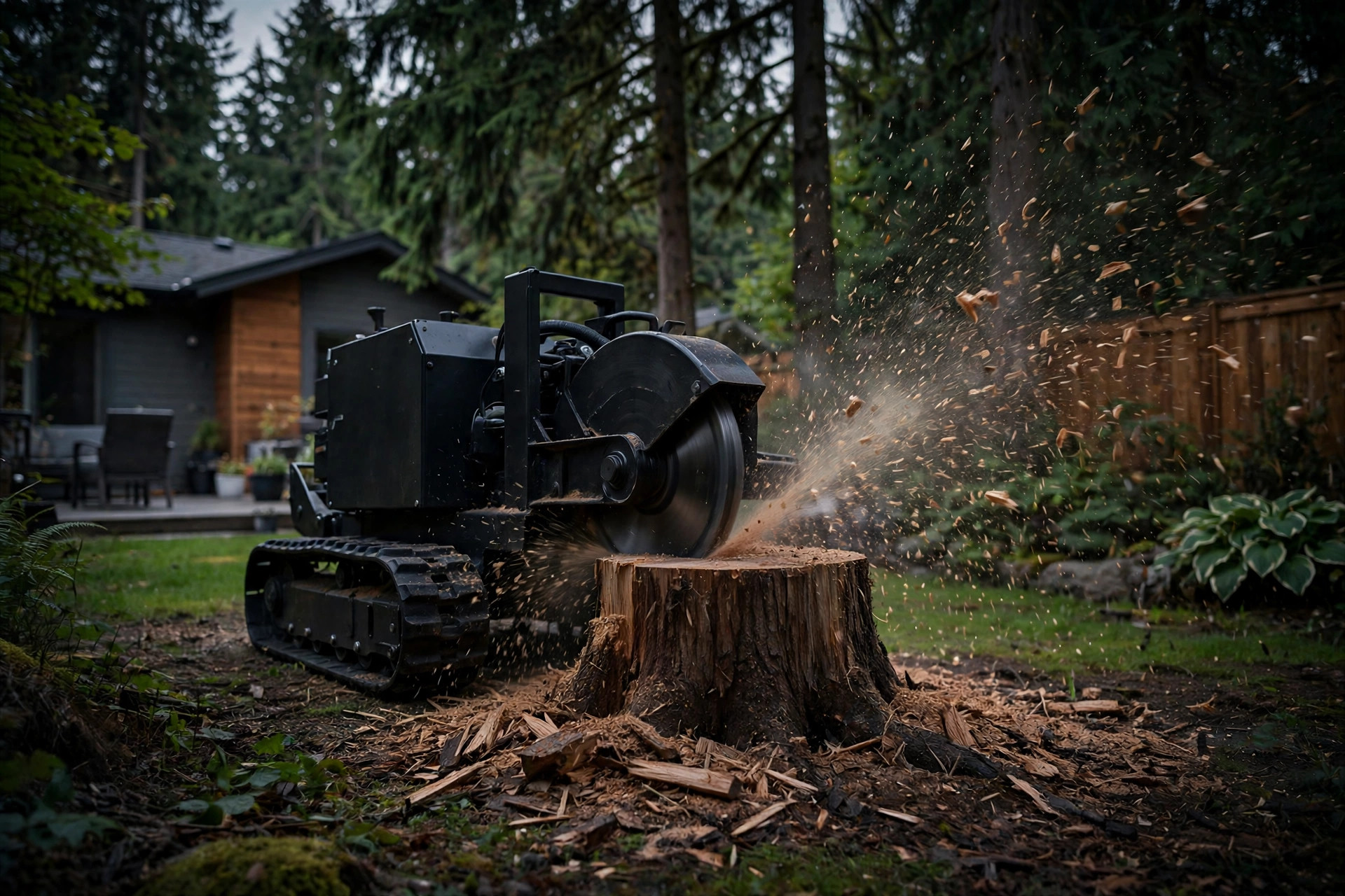 Stump grinder chewing through a tree stump in a Squamish backyard, wood chips flying